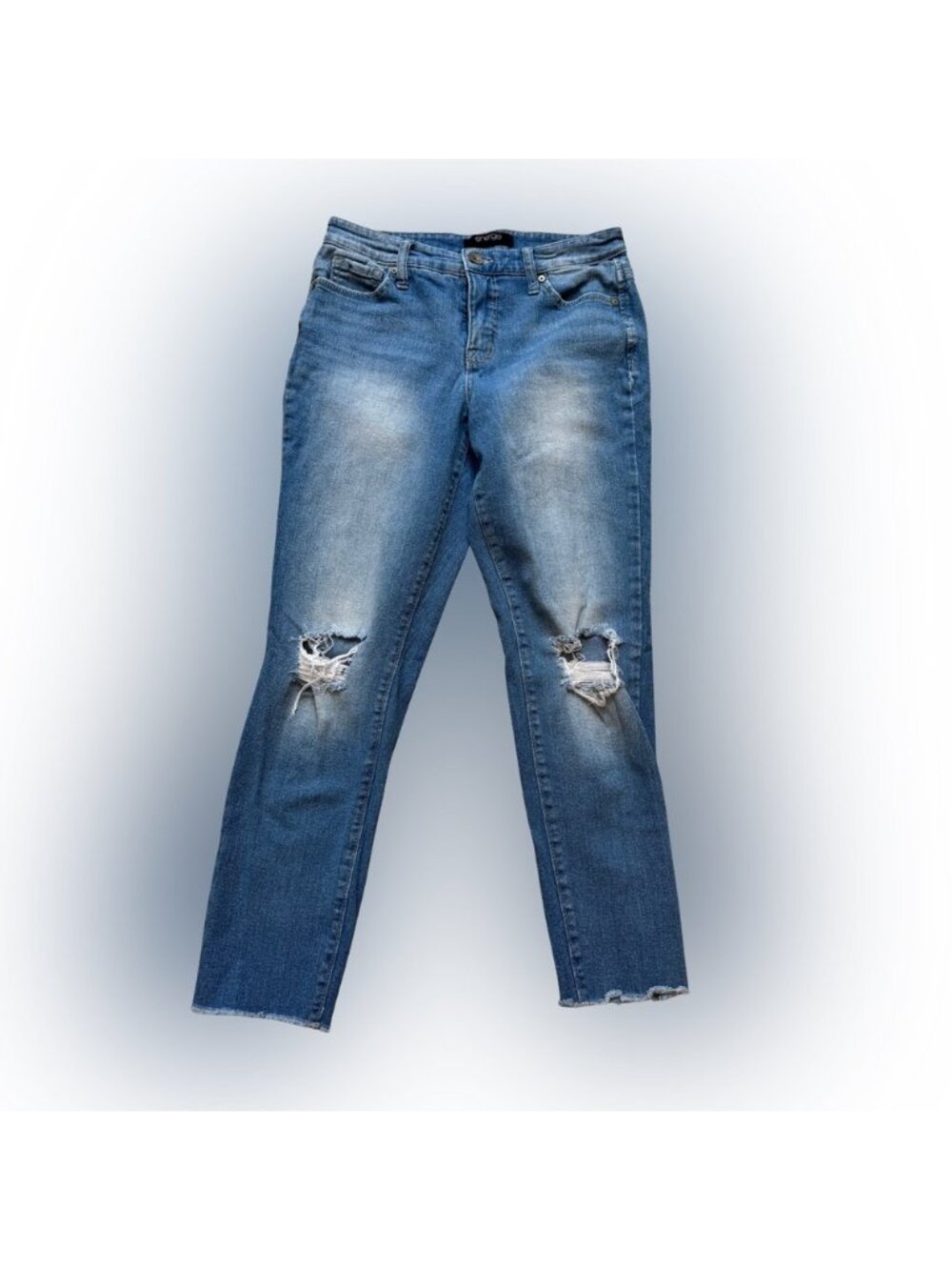 Energie | Medium Wash Distressed Straight Jeans,‎ Raw Hem, Size 5